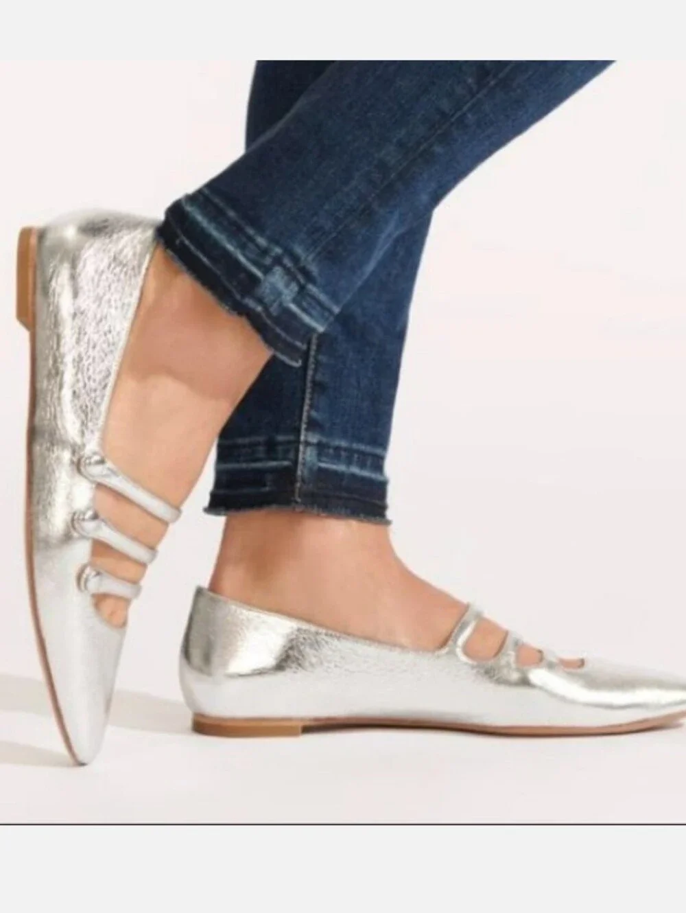 Veronica Beard Metallic Silver Crinkle Triple-Strap Mary Jane Flat Size 10 US 54 - Picture 2 of 16